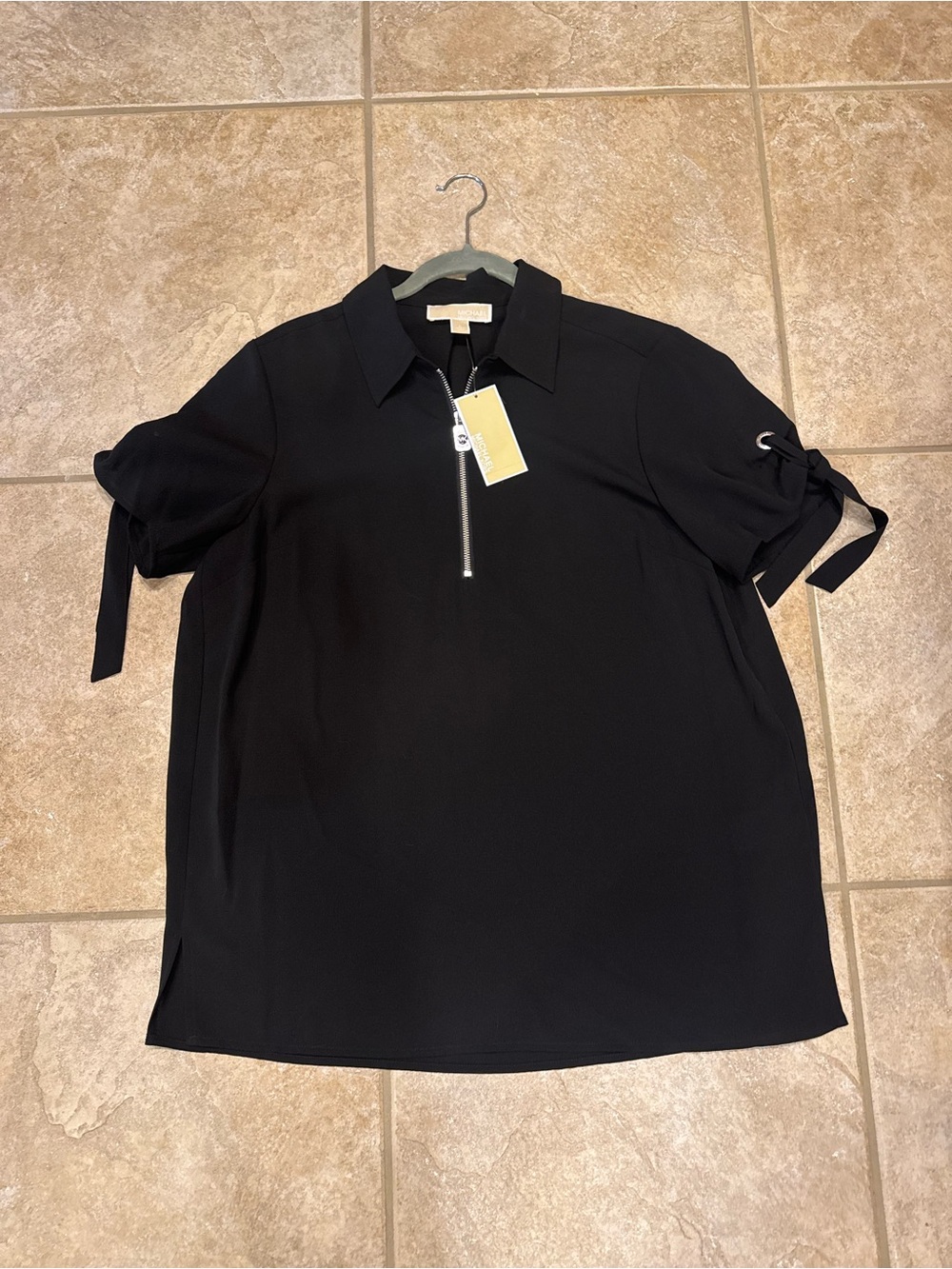 MICHAEL Michael Kors Black Short-Sleeve Polo Zip Top with Tie Sleeves